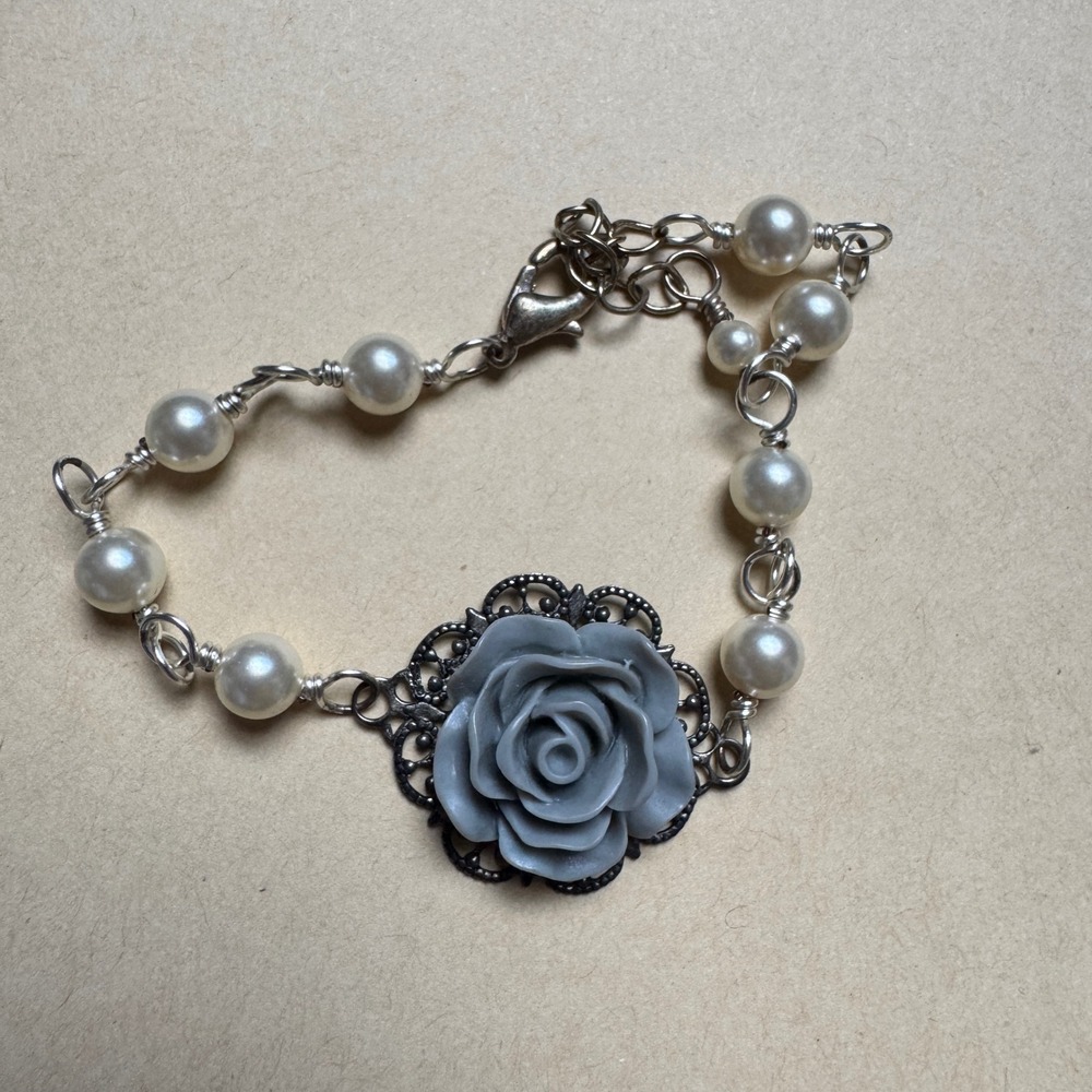 Grey Rose Filigree Faux Pearl Link Bracelet Silver Tone Cottagecore Victorian